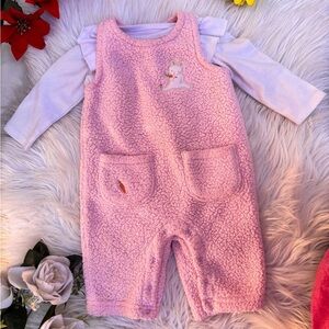 Baby Girls 2pc Set Pink Sherpa Overall Romper & White Top Bunny Easter